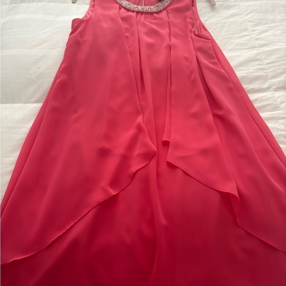 SLNY Deep Coral Dress with Beaded Neckline